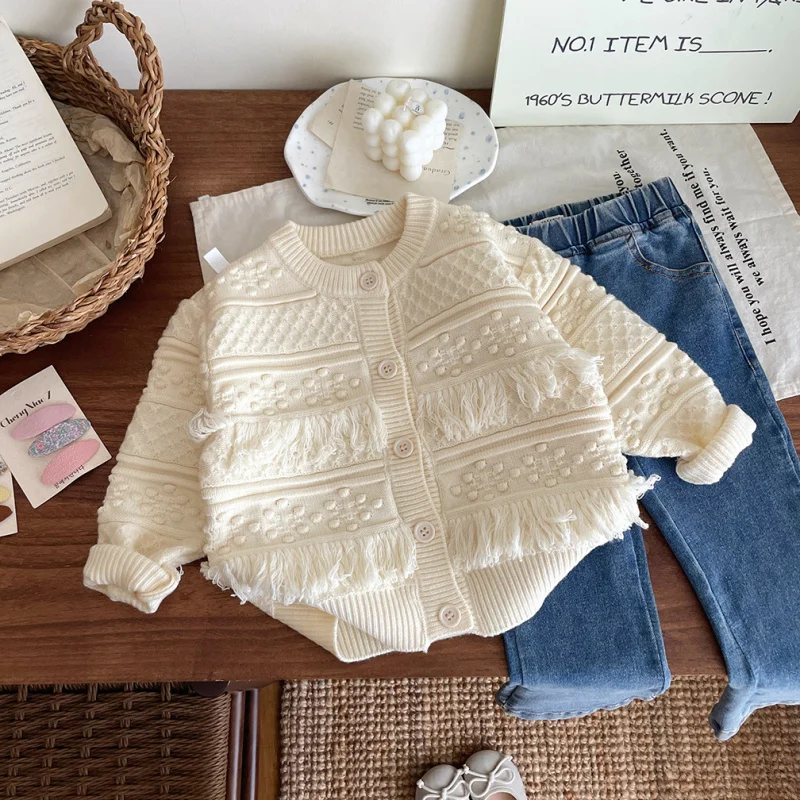 2024Autumn New Baby Fashionable Stylish Hollow out Sweater Girl's Knitted Cardigan Tassel Cardigan Sweater