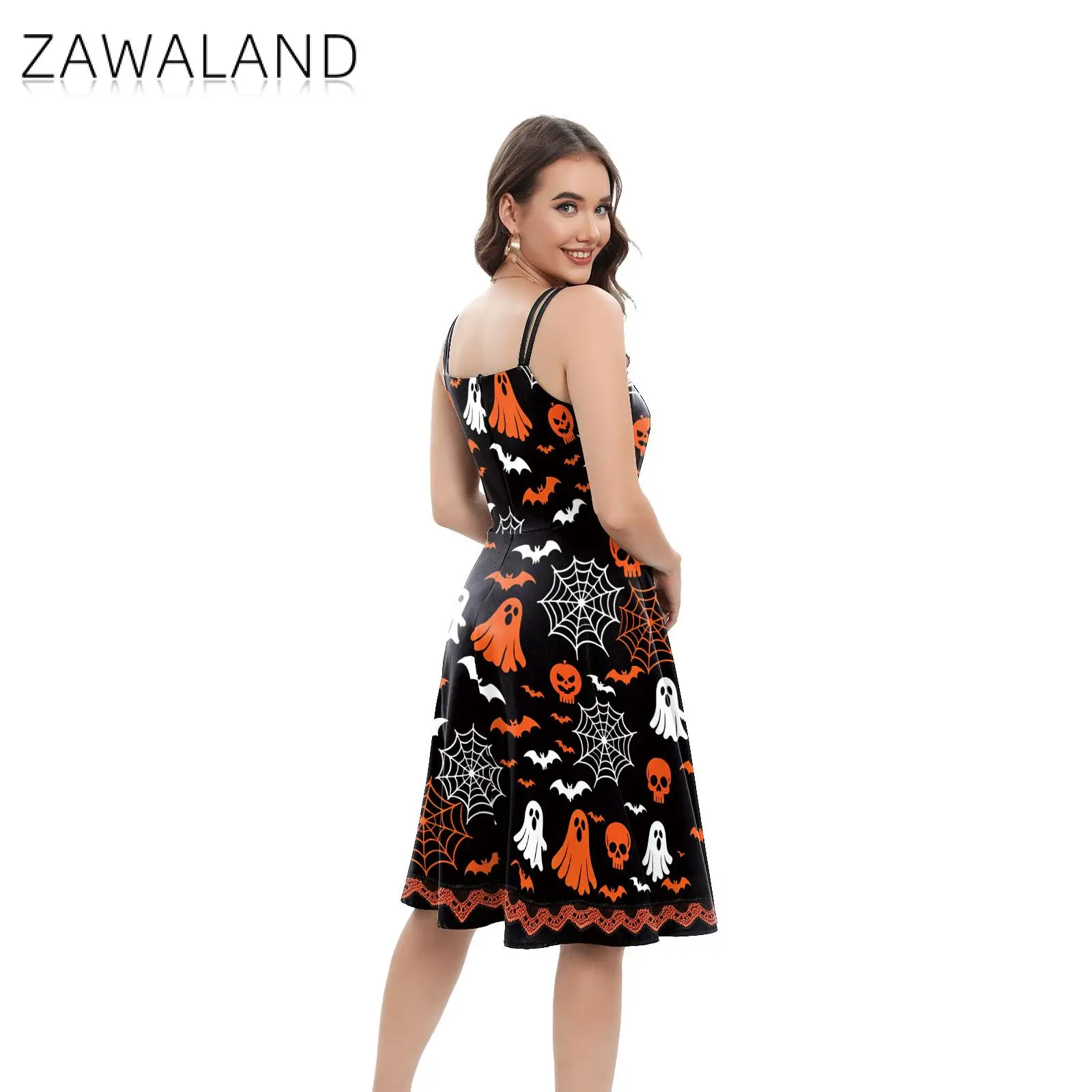 Zawaland Halloween Dress for Women Spooky Ghost Pumpkin Bat Print Sleeveless A-Line Dress Party Halloween Night Fancy Dress - view 3