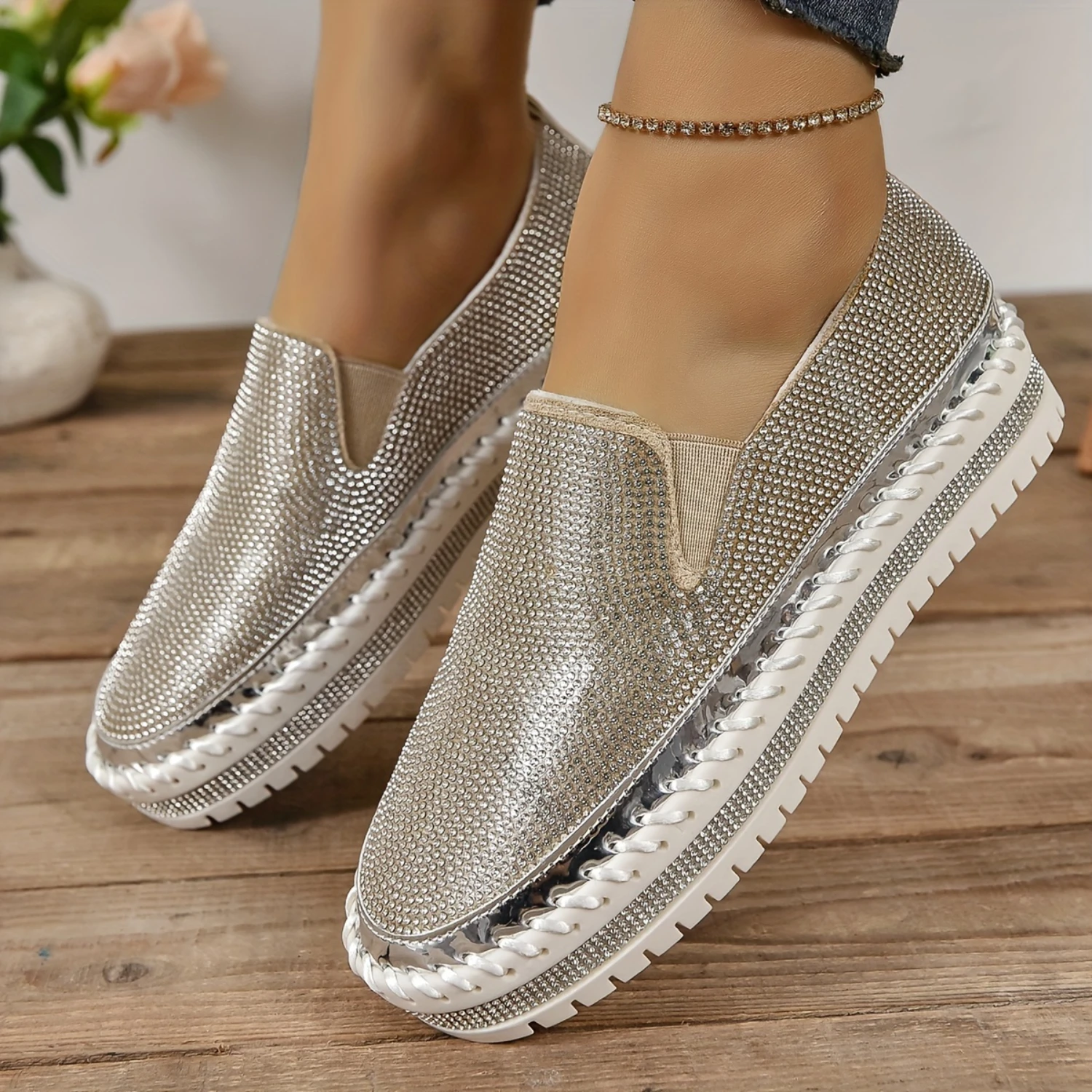 Women's Rhinestone Loafers - Slip On Comfy Platform Shoes