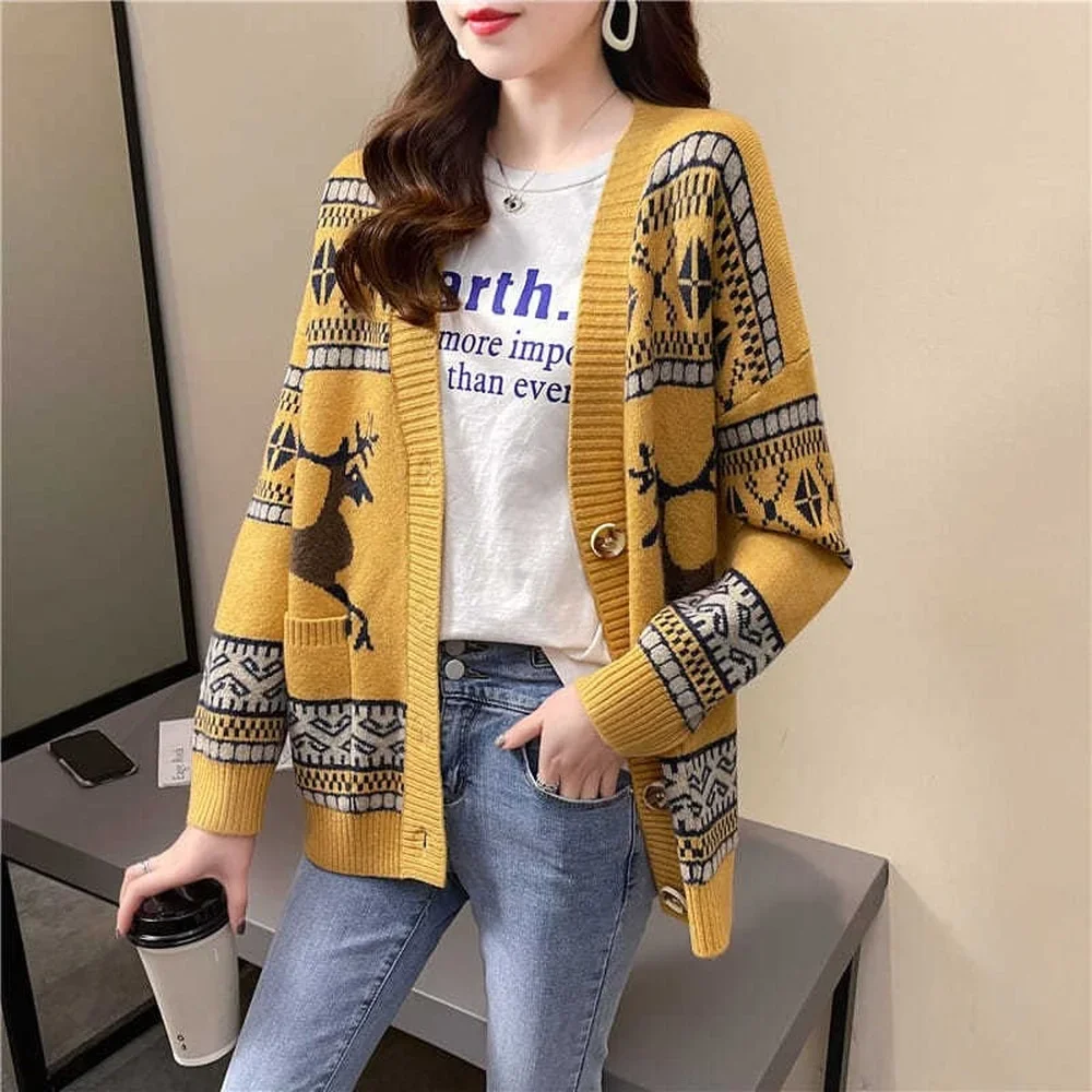 Autumn Women's New Elk V-neck Single-breasted Cardigan Sweater, Spring Loose-knit Cardigan Jacket Female Ethnic Style Cardigan