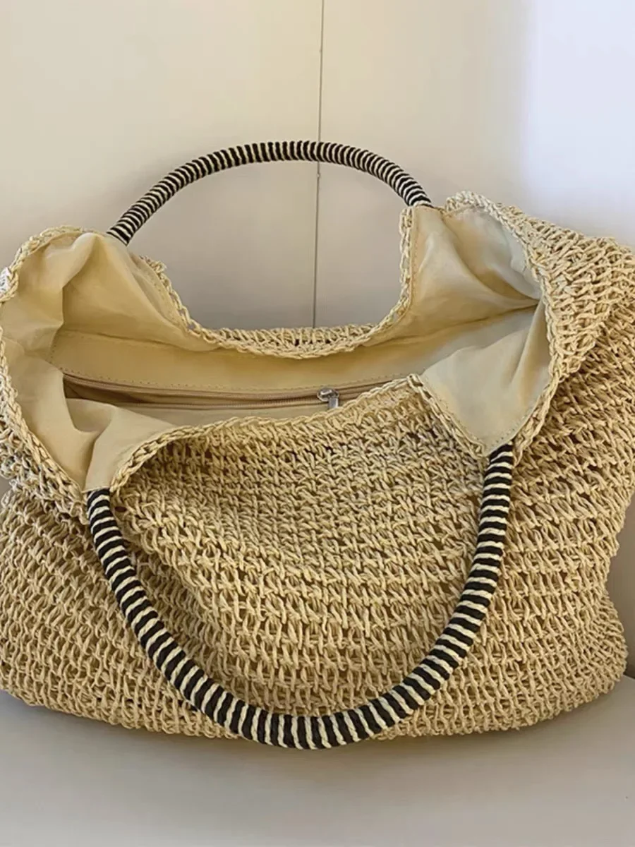 Vintage Handmade Straw Woven Bag Female Large Capacity Tote Package One Shoulder Portable BagVacation Beach