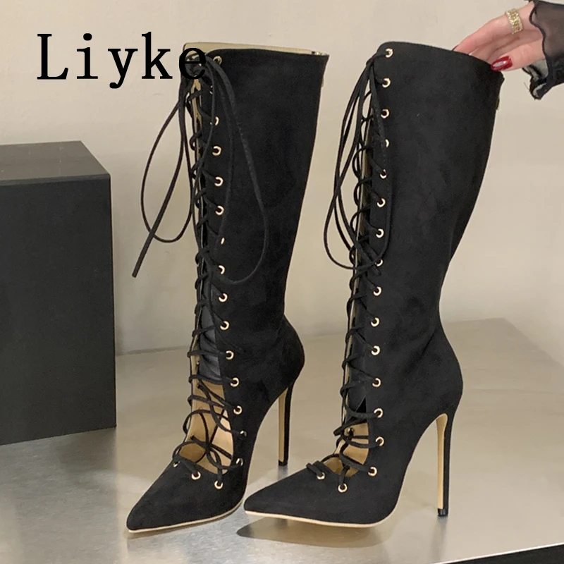 

Liyke 2026 Spring Summer New Lace Up Long Cool Boot Behind Zip Banquet Slim Fit High Heel Sexy Knee Length Women's Boots Sandals