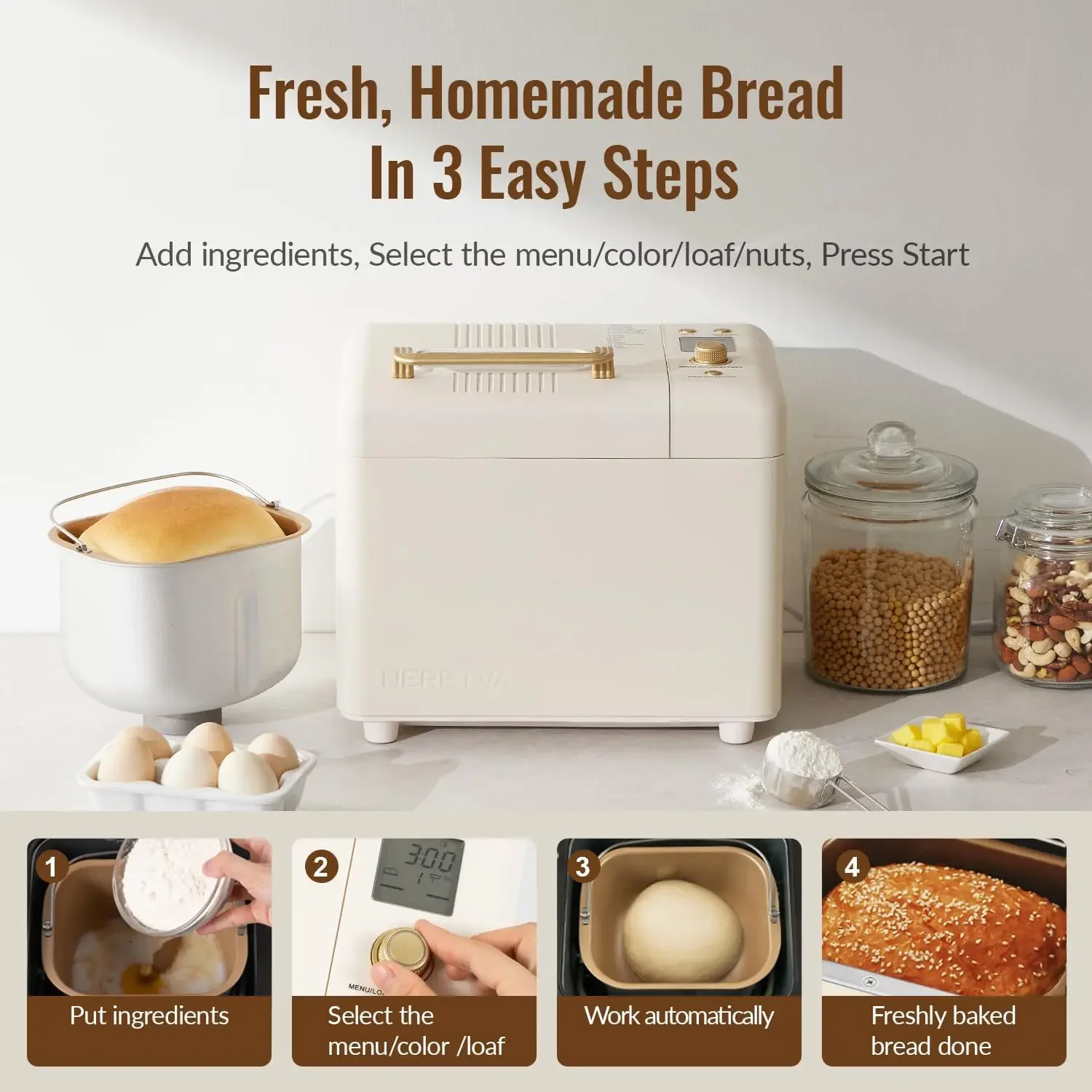 Bread Machine, 2.2LB 15-in-1 Bread Maker, Automatic Breadmaker Machine with Auto Nut Dispenser & Nonstick Ceramic Pan, Bread Mak