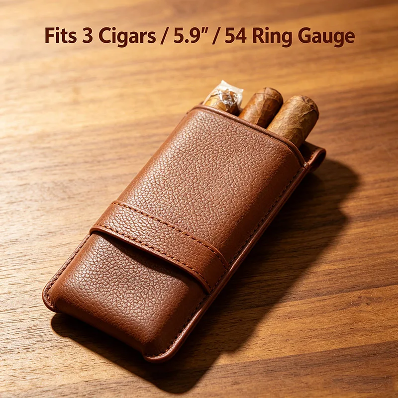Flip PU Leather Cigar Case Portable Holder for 3 Cigars 150mm /54 Ring Travel Humidor Built-in Cutter Pocket Men’s Gift