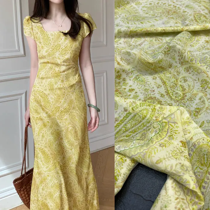 

Шелковая ткань креп-де-шин с принтом пейсли цвета лайм-грин, эластичный шелк тутового шелкопряда для платьев и блузок