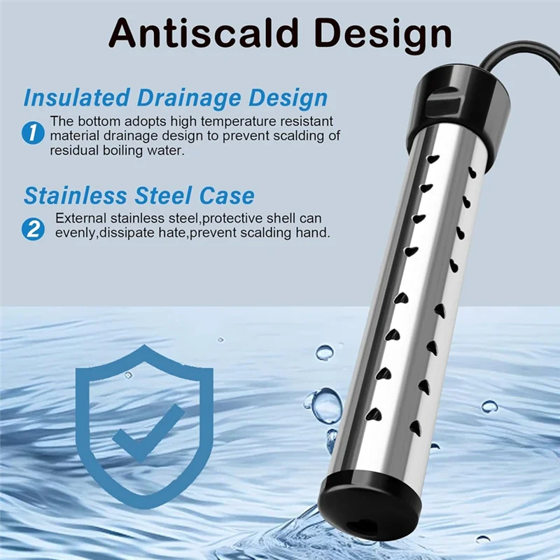 Calentador de agua de inmersión de calentamiento rápido A39M 1500W eléctrico, acero inoxidable, calentador de cubo, portátil, enchufe estadounidense