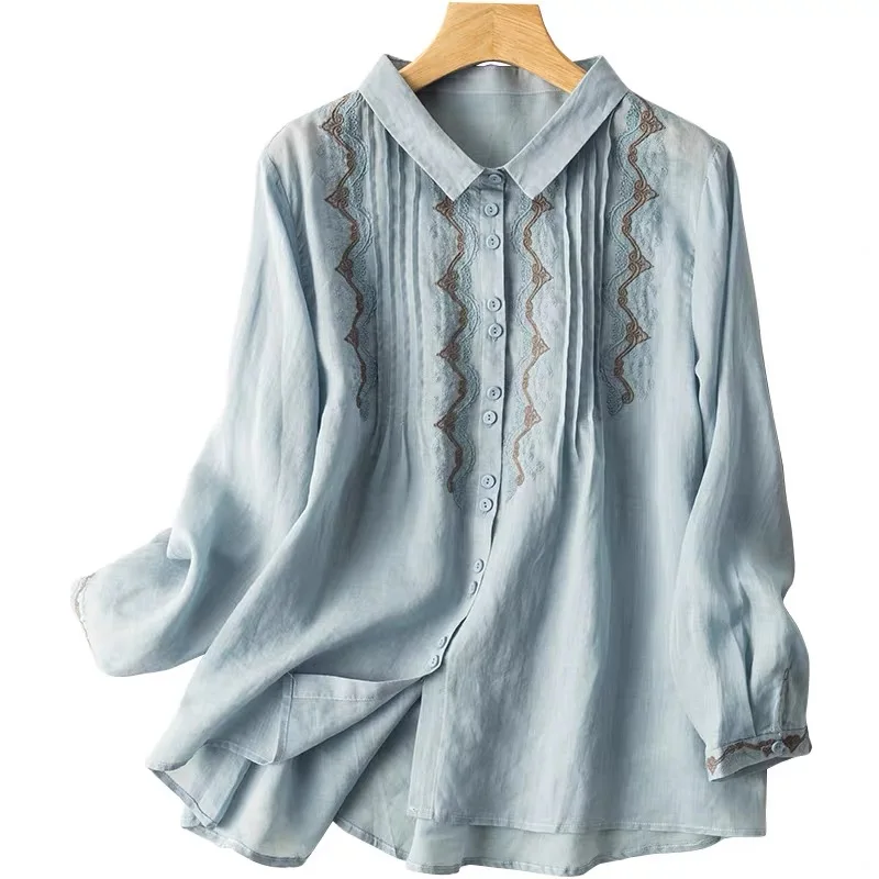 Cotton Linen Shirt for Women Summer 2023 New In Embroidery Vintage Blouses Loose Long Sleeve Top Turn-down Collar