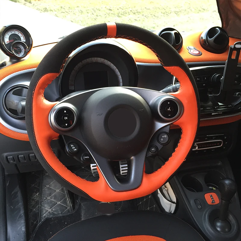 Car Leather Steering Wheel Protector Cover Cowhide Braid Auto Steering Wheel for Smart 453 Fortwo Forfour Interior Accessories