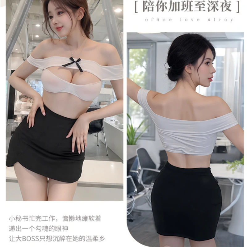 M-3XL Donne di Grandi Dimensioni Lingerie Erotica Segretaria Sexy Gioco di Ruolo Vestito Petto Cavo Magliette E Camicette Gonna Corta Uniforme Cosplay Porno Vestito