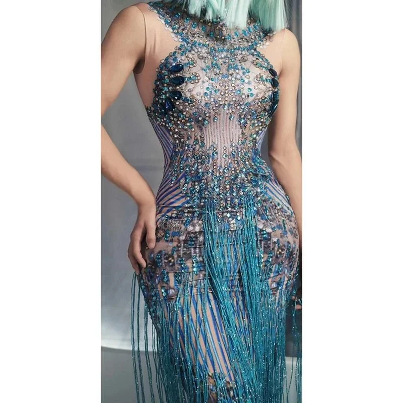 Cristalli strass Party abito lungo donna senza maniche nappa Club Dress blu Sexy Jazz Singer Dancer Stage Costume