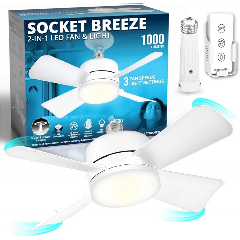 

Breeze Socket Fan Light with Remote, Portable Small Ceiling Fans with Lights