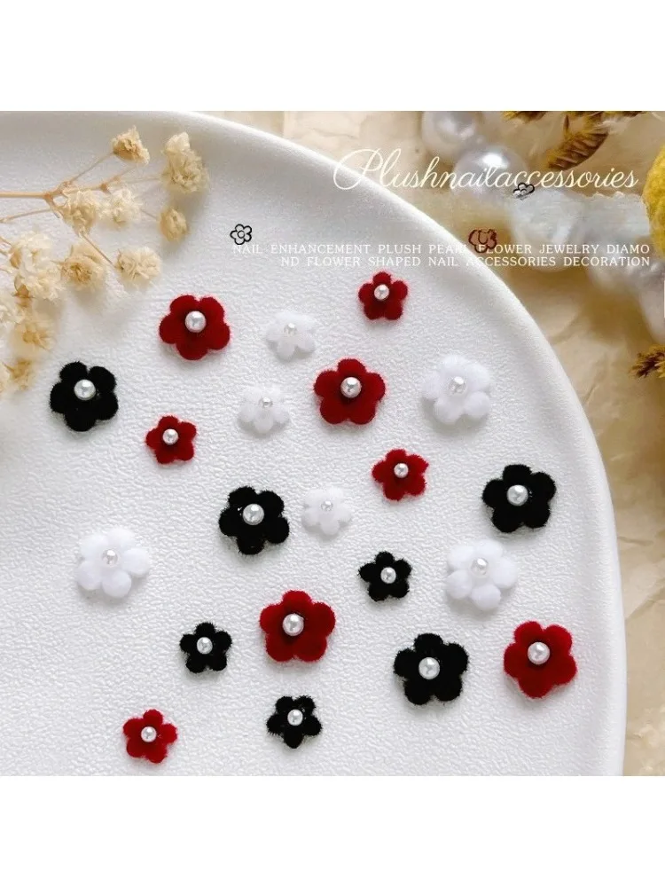 10Pcs Flocking Five-petal Flower Nail Charms Black White Fuzzy Pearl Floral Ornaments DIY Nail Manicure Decor Accessories Set