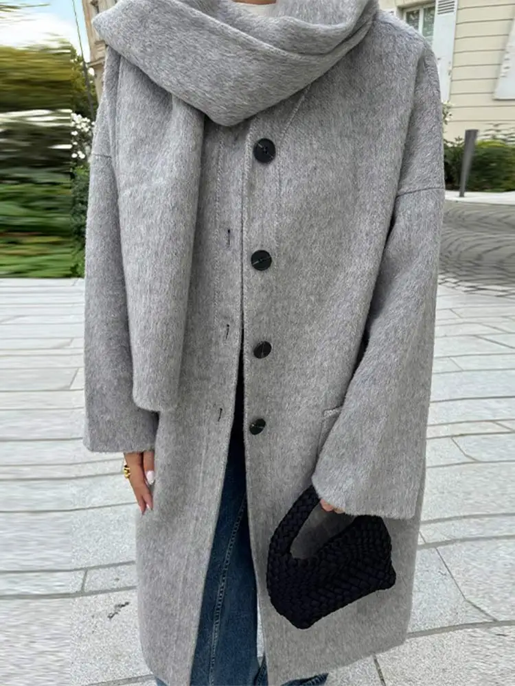 Women\'s Solid Woolen Long Coat Elegant O-neck Single Breasted With Scarf Pockets Overcoat 2024 Lady Chic Fall Warm Wool Jacket