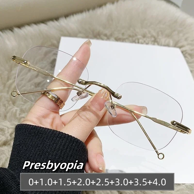 

Frameless Vintage Ultra Light Reading Eyewear Fashion Eye Protection Presbyopia Eyeglasses Far Sight Glasses for Women 0 To +4.0