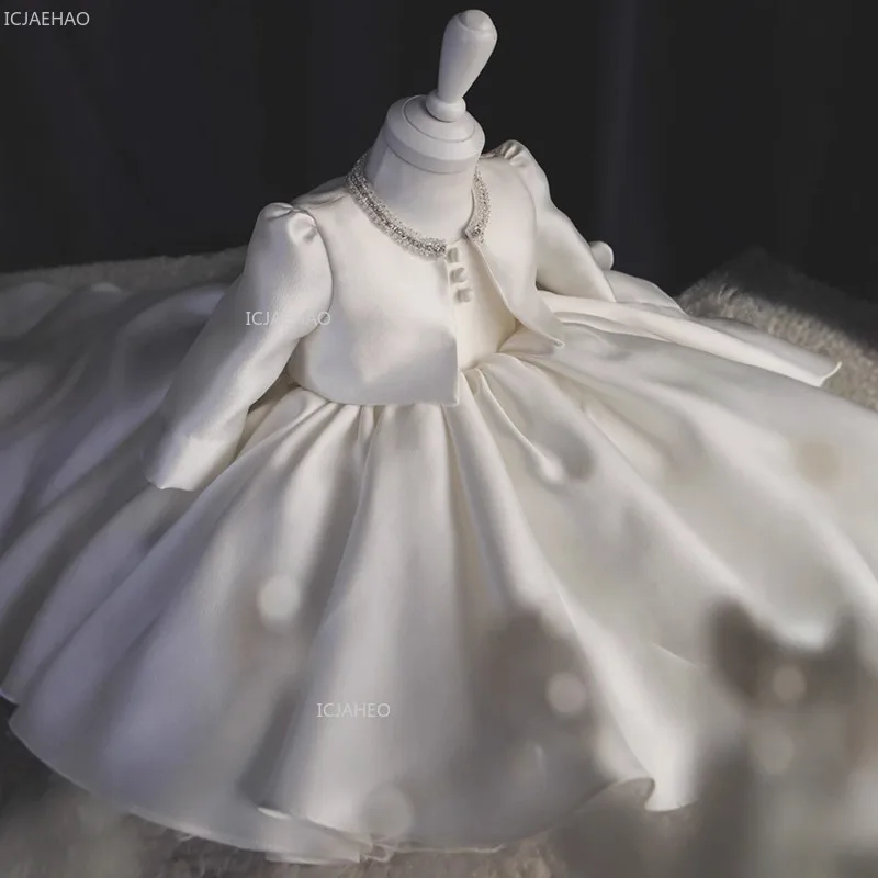 Baby Girl Satin Princess Party Dress Children White Birthday Ball Gown for Kids Host Pageant Evening Wedding Formal Wear Costume