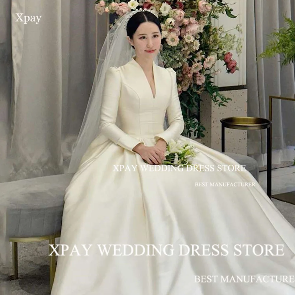 XPAY Korean Palace Style Wedding Dresses Photography Satin A Line Bride Gown Corset Backless V Neck Long Sleeves Bridal Gown