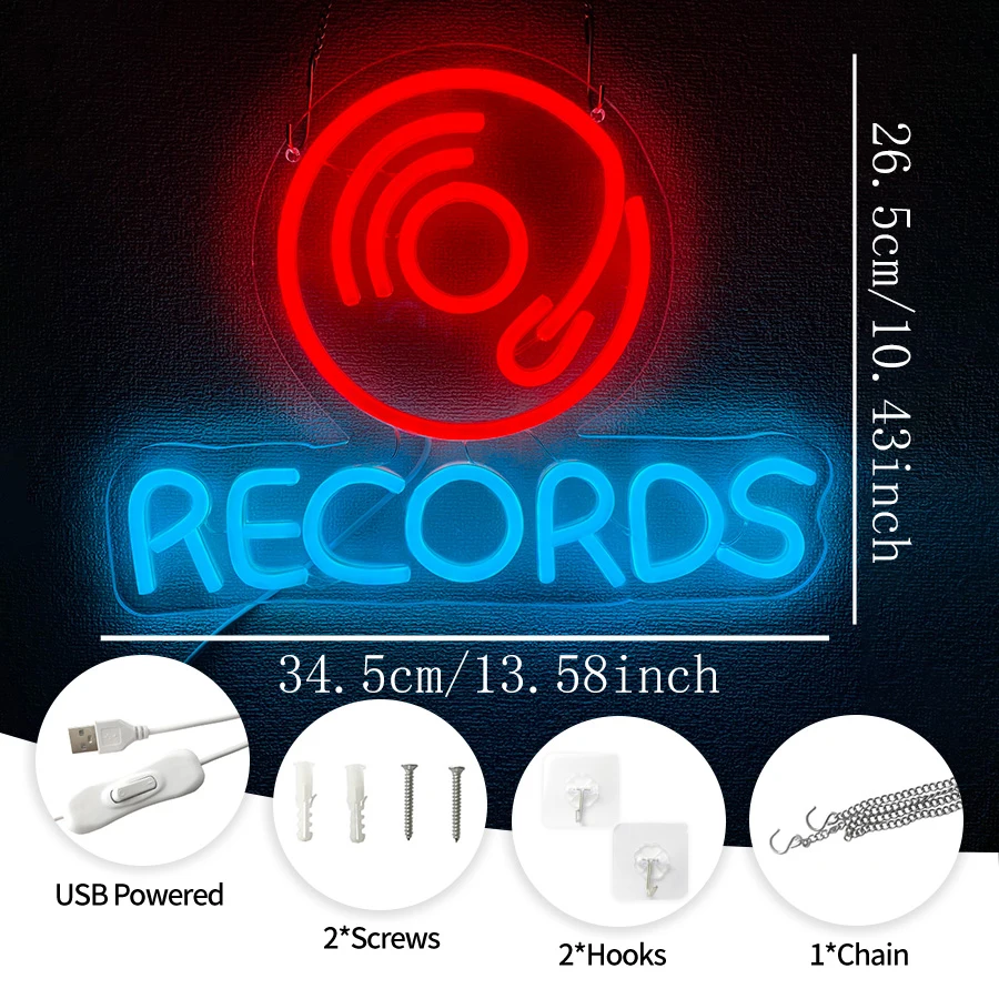 Music Records LED Neon Lights Sign for Wall Decor Retro Music LED Light Up Sign for Bedroom Studio Stage Beer Bar Party Gift