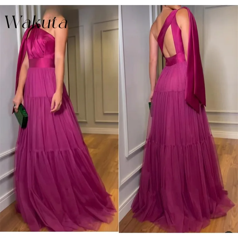 Wakuta French Sloping Collar Single Shoulder Solid A-line Robe Elegant Waist Cinched Shawl Backless Party Dresses Women Evening