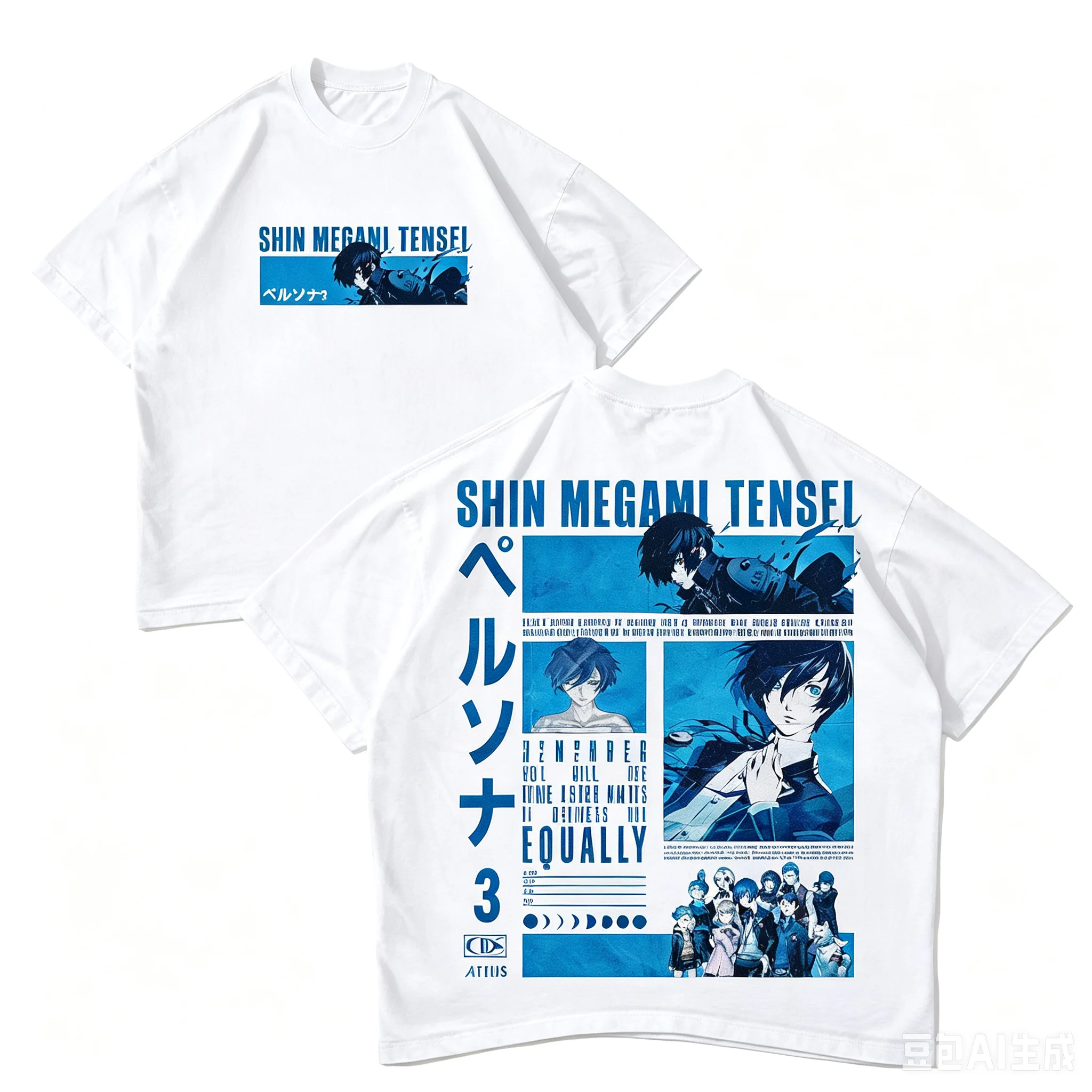 Black Double-sided Blue Anime Collage Graphic Tee Front Mini Panel Back Multi-grid Portrait Vertical Letter Chest Oversized Tops