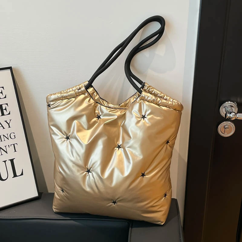 

Lightweigh Portable Nylon Shopping Bag For Women Large Capacity Shoulder Bag Silver Gold Handbag Space Padded Cotton Tote Bag