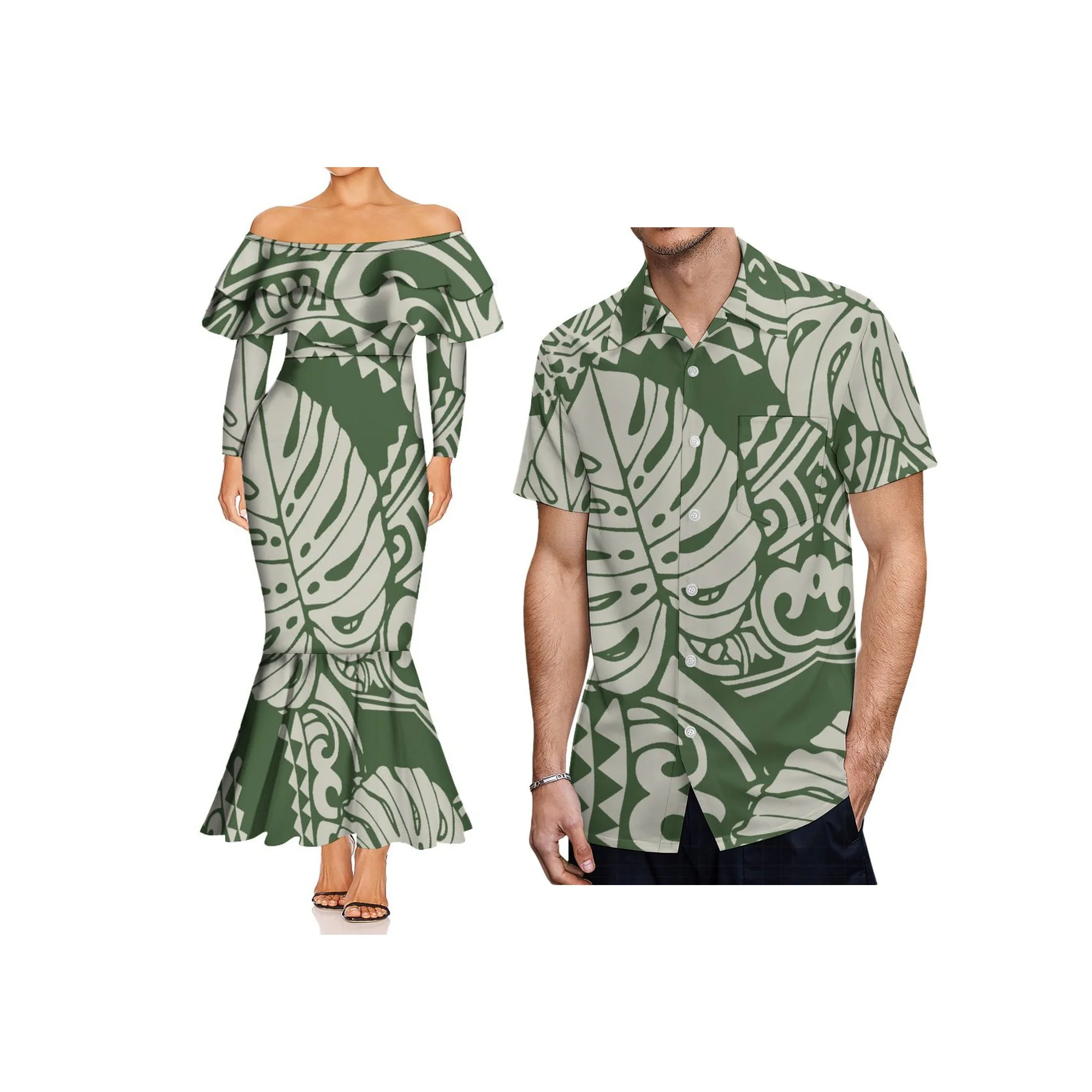 Hot Sale Custom Double Frill Mermaid Dress Polynesian Design off Shoulder Long Sleeve Bodycon Dress Lady Fishtail Evening Dress view 4