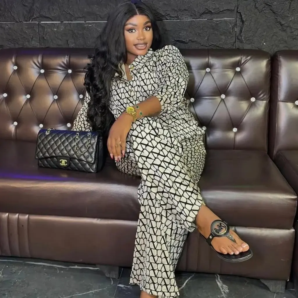 

Women's African Print Long Sleeve Shirt And Wide Leg Trousers Two-Piece Suit Fashion Spring Autumn European American Style