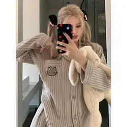 Hot Kawaii Brown Striped Hello Kitty Pajamas and Pajamas Girls Long-Sleeved Tops Ins Sanrio Sweet Cardigan Casual Home Wear Set