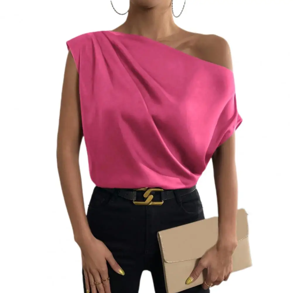 2024 Women Shirt Irregular Off-Shoulder Boat Collar Top Sleeveless Simulated Silk Blouse Smooth Satin Dating Tops