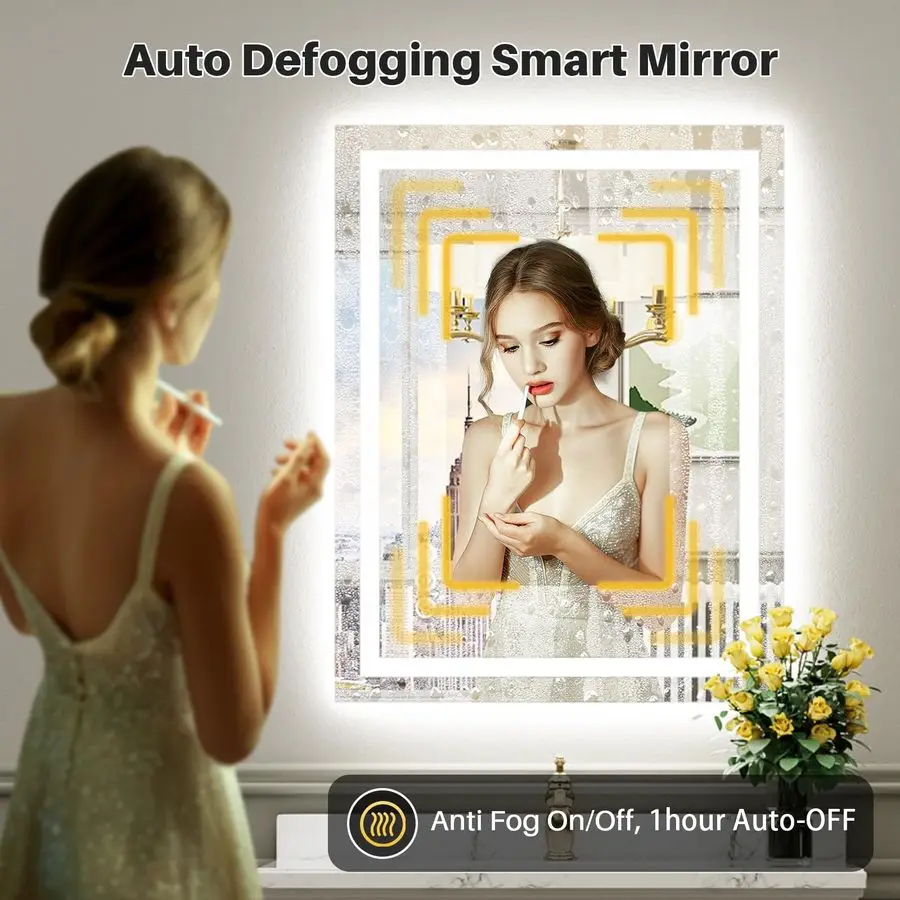 กระจกห้องน้ำ LED พร้อมไฟ, ไฟส่องด้านหลังและด้านหน้า, กระจกแต่งหน้าห้องน้ำแบบมีไฟป้องกันฝ้าสำหรับติดผนัง, ฟังก์ชั่นหน่วยความจำ, ปรับความสว่างได้