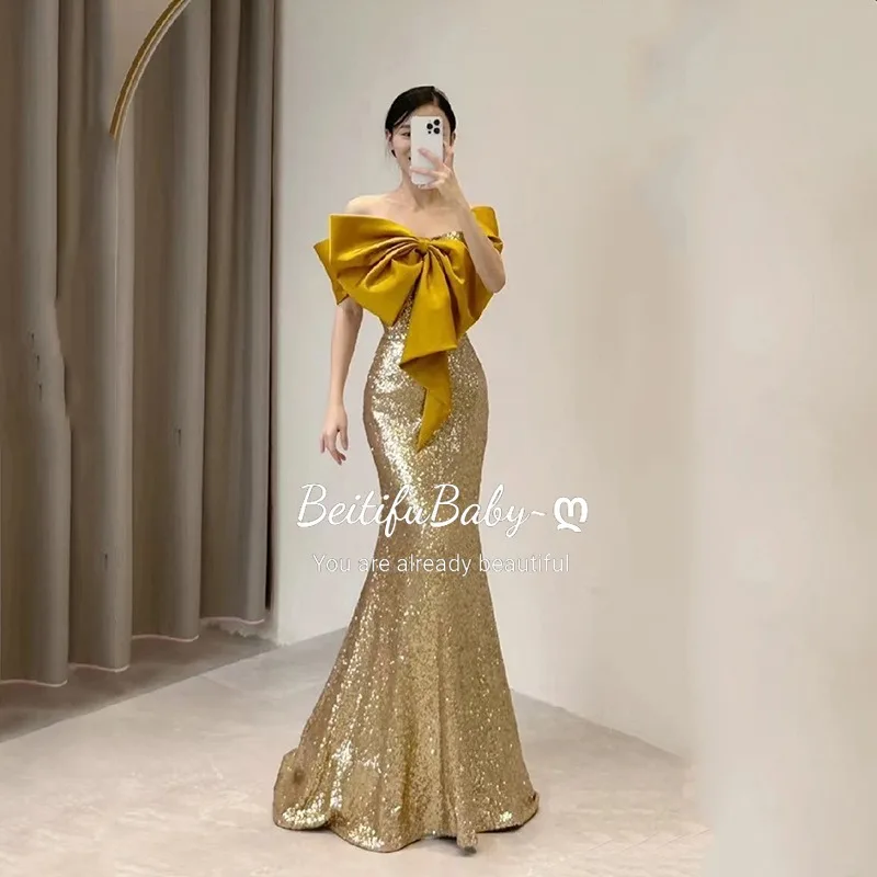 

BeitifuBaby Palace Style Golden Evening Dress for Women Strapless Bow Neck Off The Shoulder Mermaid Gown Banquet Formal Dresses