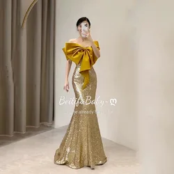 BeitifuBaby Palace Style Golden Evening Dress for Women Strapless Bow Neck Off The Shoulder Mermaid Gown Banquet Formal Dresses