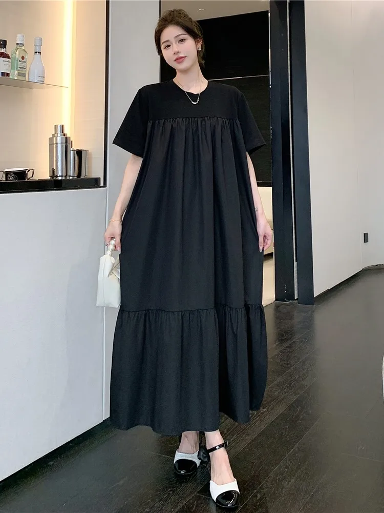 فستان نسائي كوري صيفي جديد من فيستدوس رداء Elbise فضفاض مقاس كبير فساتين طويلة مرقعة وأكمام قصيرة