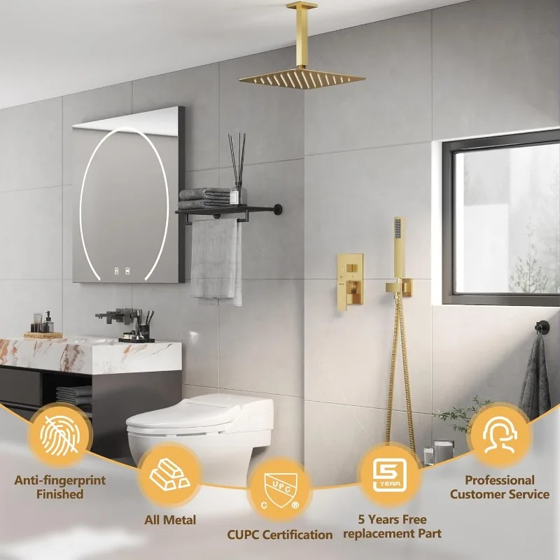 Gold Shower Faucet Set, Ceiling 10 Inches Rain Shower Head with Handheld Combo Set, High Pressure Rainfall Shower Head System