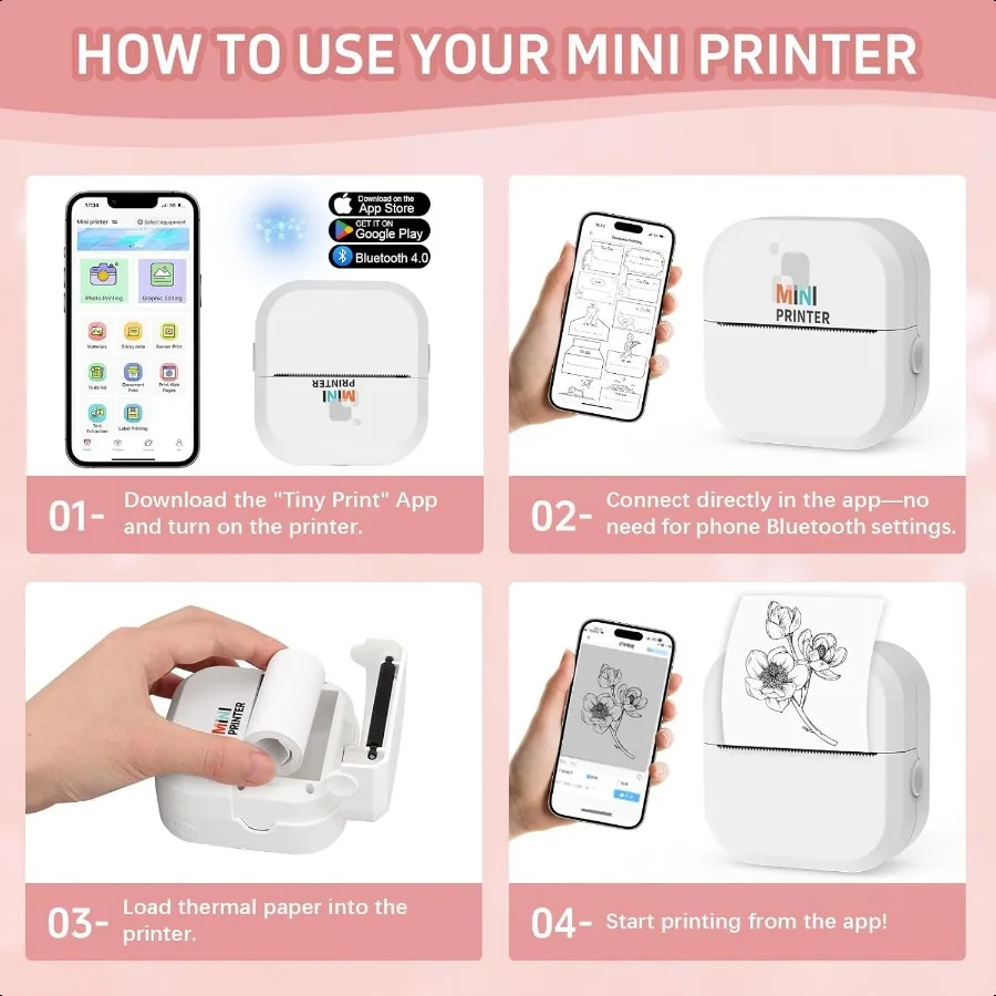 스티커 프린터 24분 빠른 인쇄 블루투스 잉크 프린터 스티커 메이커 13롤 종이 포함 무선 열전사 프린터 아이폰용