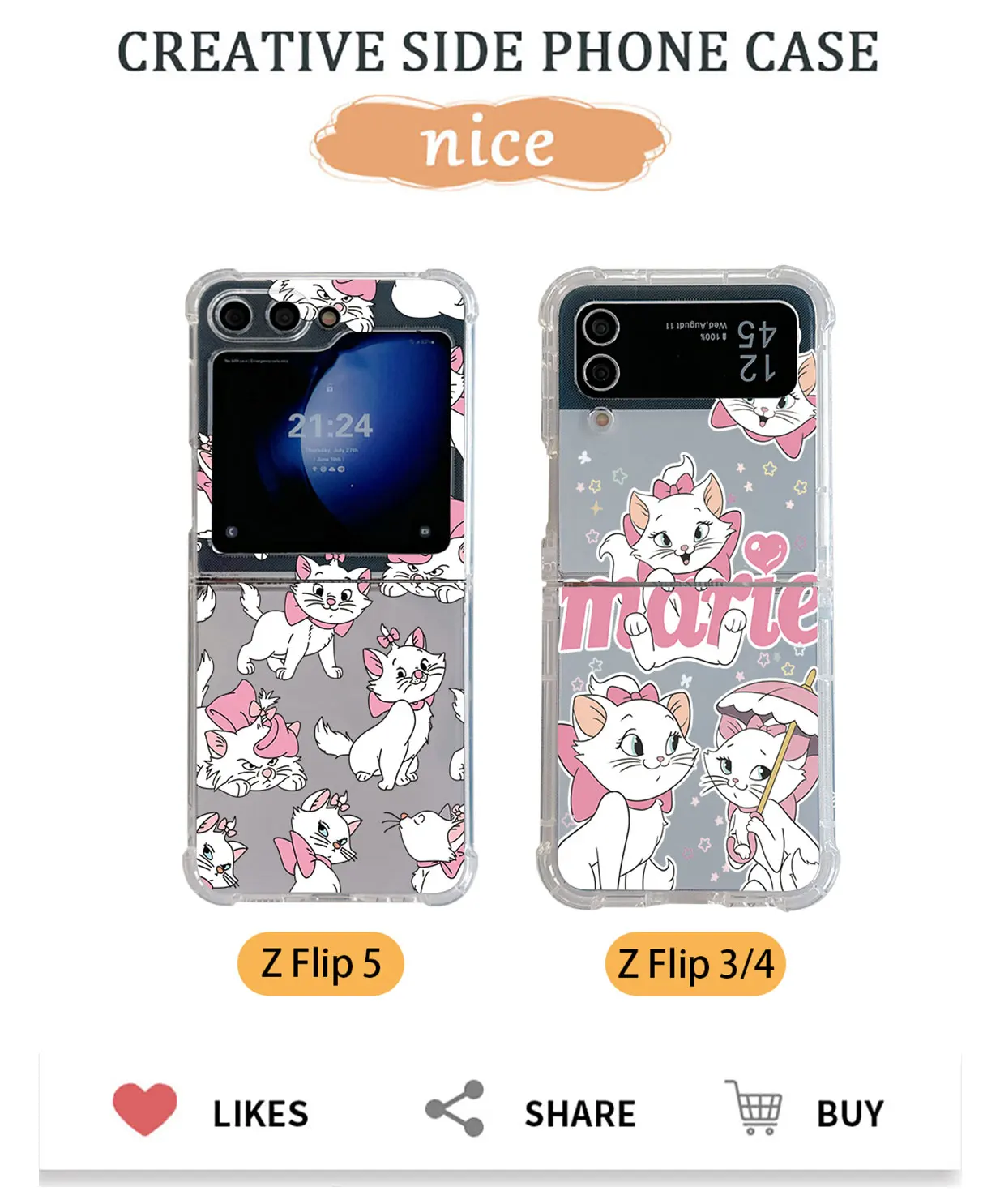 Disney Cute Marie Cat Phone Case for Samsung Galaxy Z Flip 3 4 Z Flip 5 Z Fold 4 5G PC Soft Anti-fall Back Cover