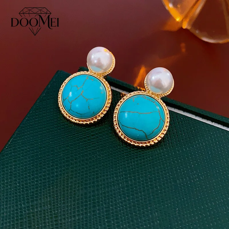 DOO MEI Bohemian Round Earrings Turquoise Stud Earrings Graceful Artificial Pearl Ear Stud for Women Daily Banquet Commuter Wear