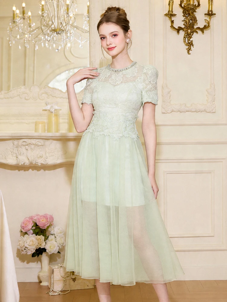 fake prom dress Women's Fake 2-Piece Lace Mesh Maxi Long Dress Casual Puff Sleeve High Waist Slim Vestidos Summer Vacation Date Party Prom Daily
