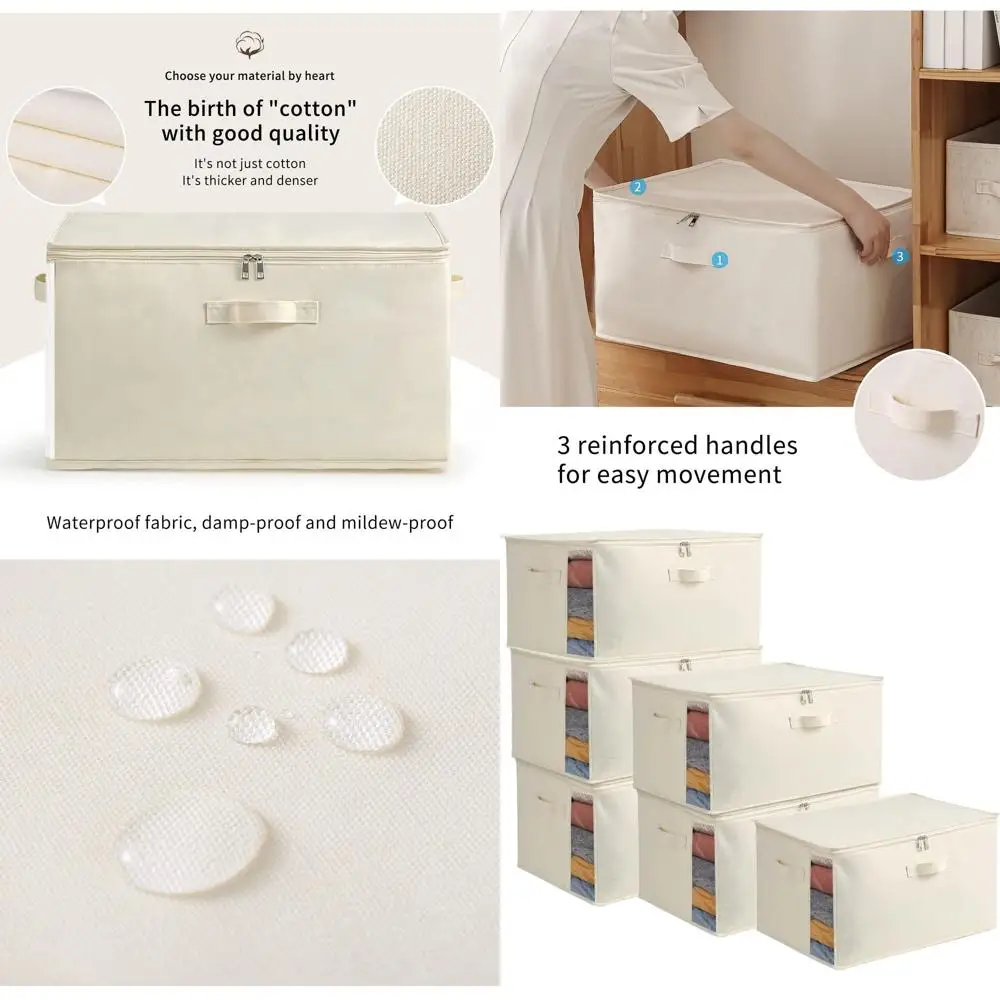 

Большие холщовые сумки для хранения (6 шт.) для шкафа, одежды, свитеров и одеял с двойной молнией и ручками