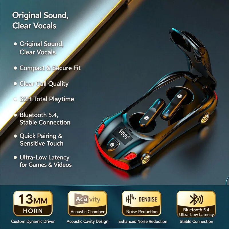 Cool Car Shape TWS Wireless Earbuds Bluetooth 5.4 LED Digital Display Touch Control In Ear Gaming Earphones For Phone Laptop