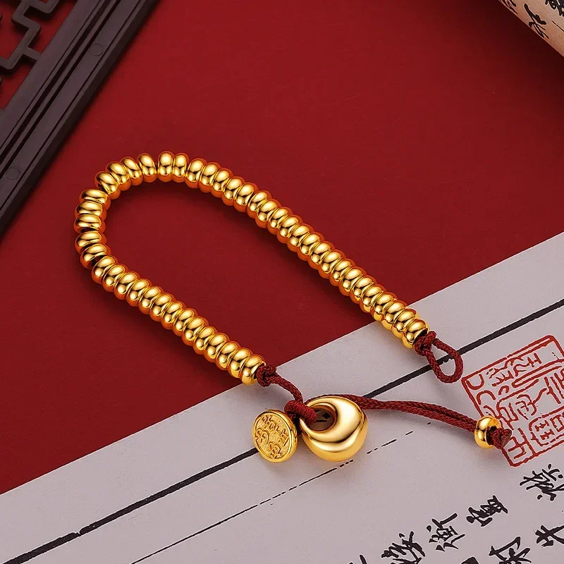 

New9999 24K Real Gold Ladies Glossy Peace and Joy Coiled Red Rope Bracelet Hot Simple Women's Temperament Jewelry