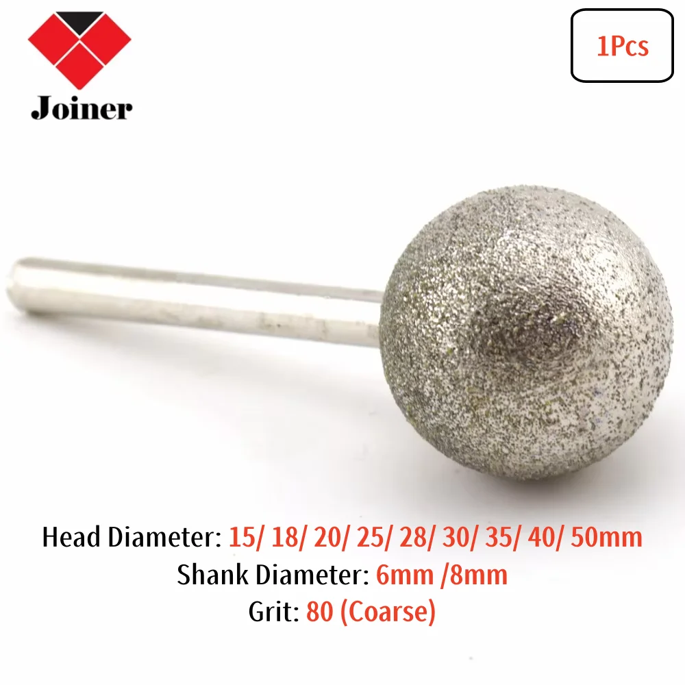 15-50mm Dia Spherical Head Diamond Grinding Bit Coated Mounted Points Round Ball Burs Shank 6 Grit 80 Coarse Tools for Stone