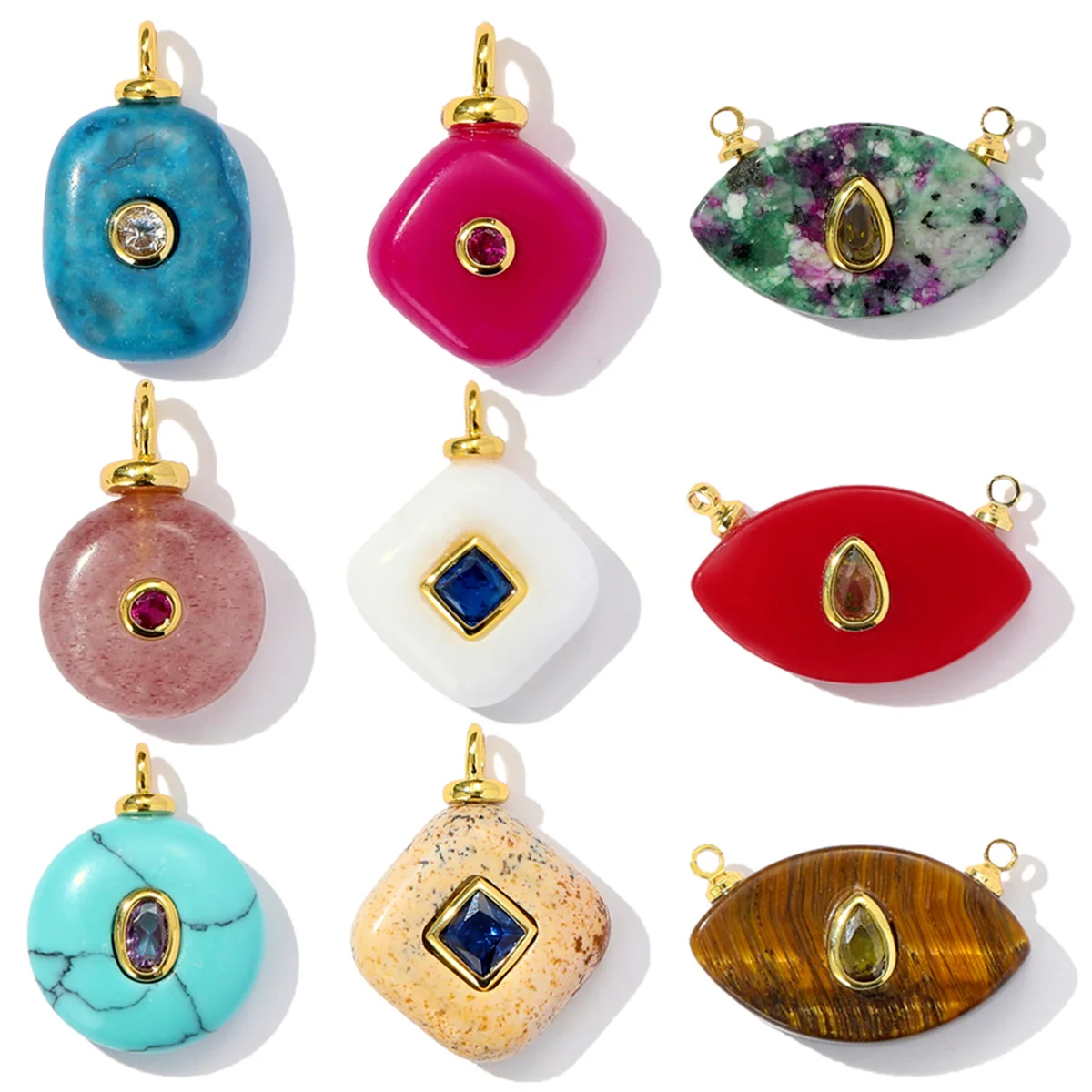 3pcs/Lot Retro Copper Zircon Natural Tiger Eye Stone Necklace Pendant Malachite Round DIY Earring Charm Women Square Jewelry