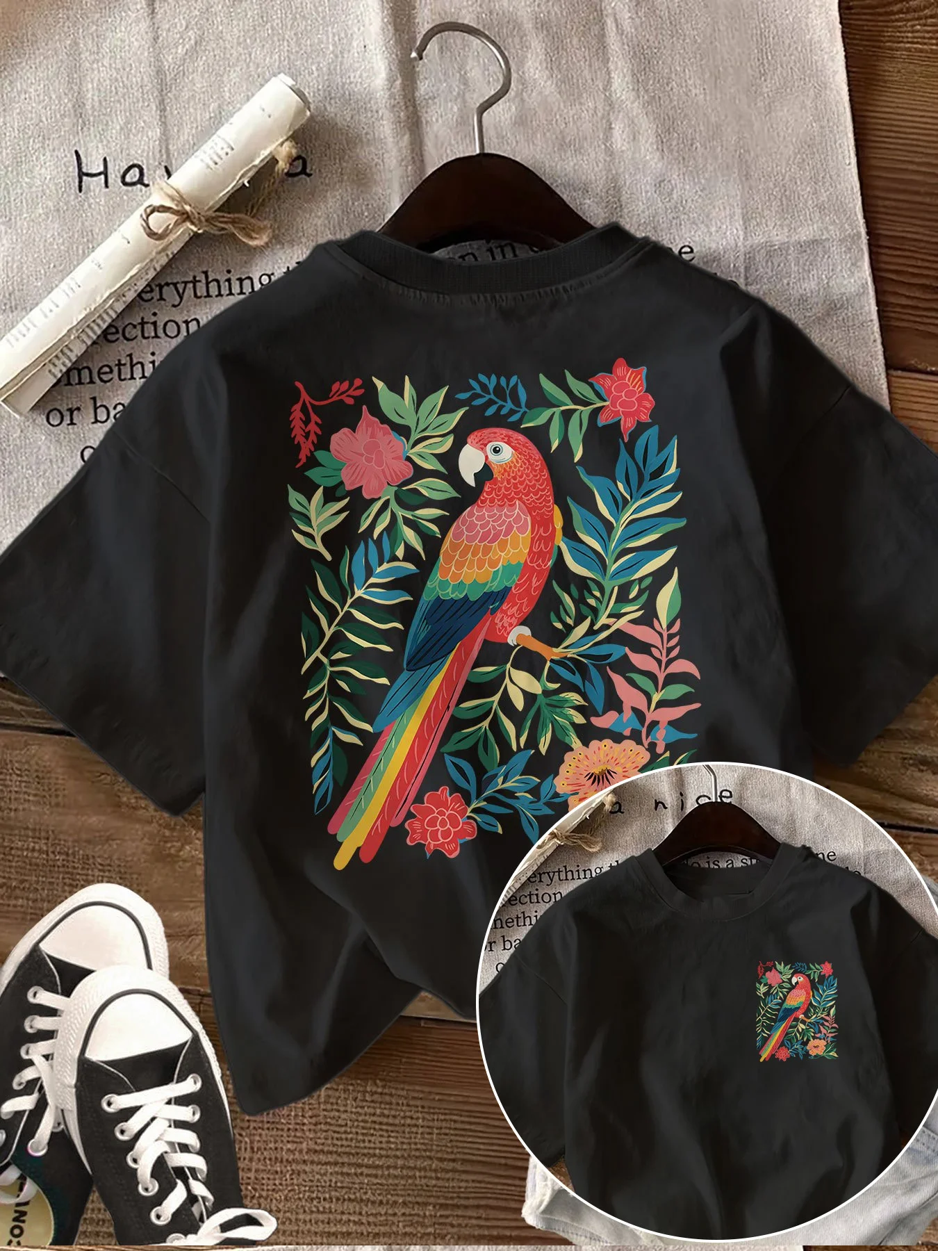 Tropical Parrot Flower Graphic T Shirt Women Summer Casual Short Sleeve Crew Neck Loose Tee Vintage Macaw Bird Harajuku Top