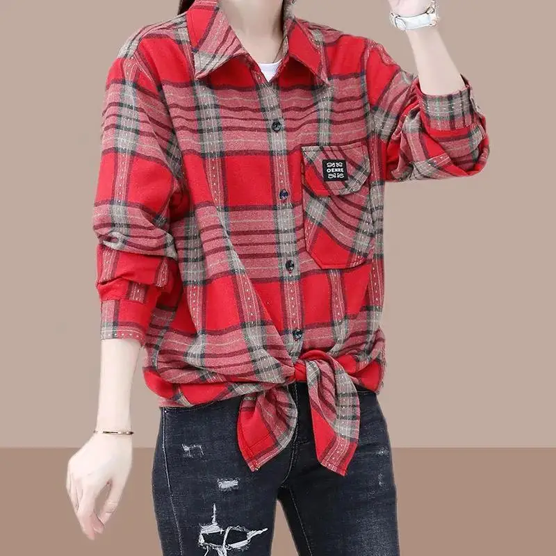 Spring Autumn New Street Casual Loose Plaid Blouse Long Sleeve Polo Neck All-match Shirt Tops Vintage Fashion Women Clothing