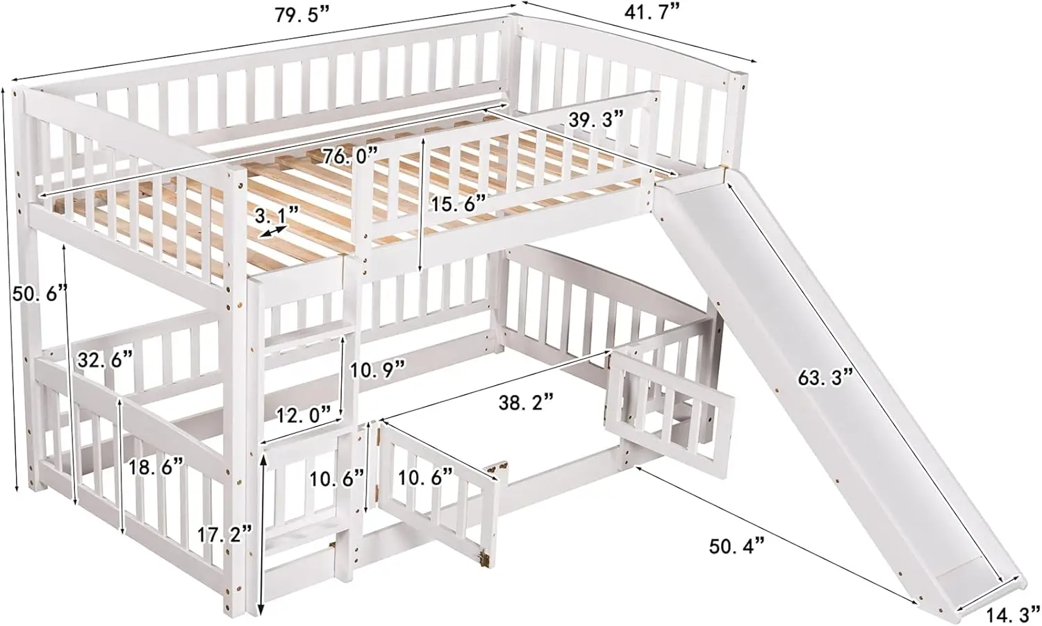 Low Bunk Bed With Slide Twin Over Twin Bunk Beds For Kids Toddlers, Wood Floor Beds Frame With Rails For Boys Girls Teens,