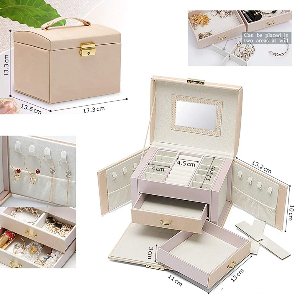 Jewelry Box Large Capacity Earrings Necklace with Mirror Watch Jewelry Inlaid Storage Box