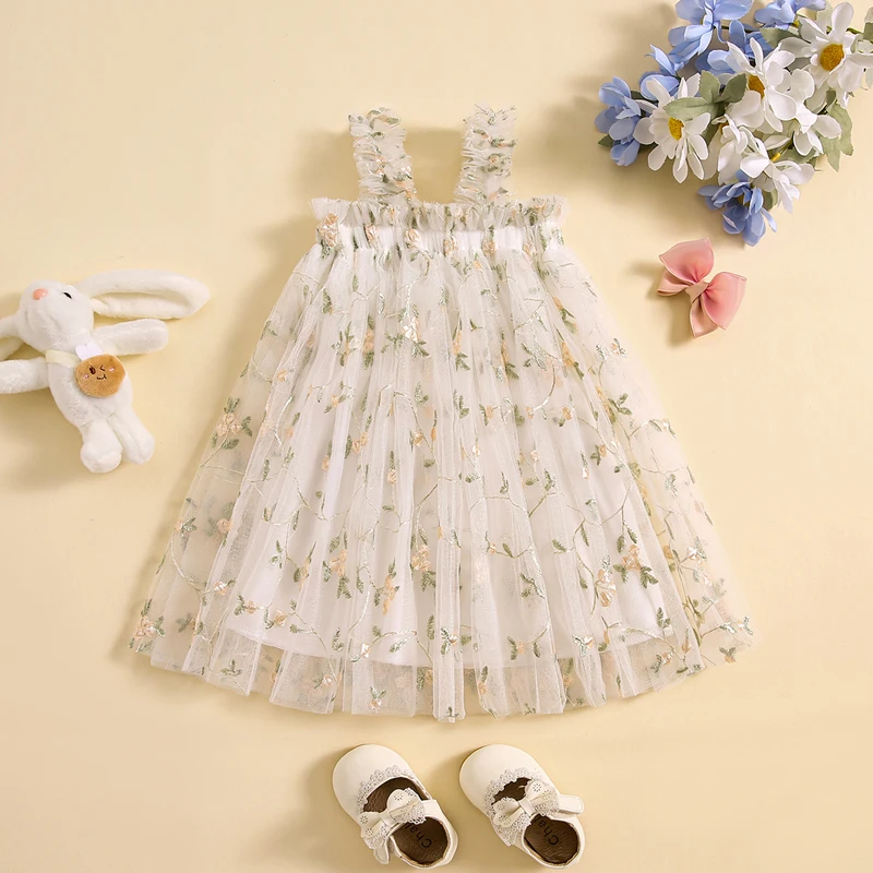 Girls Summer Sweet Cami Dress Sleeveless Floral Embroidery A-line Mesh Princess Dress