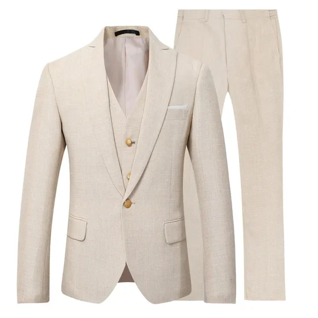 Beige Ivory Men Suit Casual Linen Beach Suit Wedding Groom Stylish Prom Dress Men Party Wear 3 Pieces(jacket+vest+pants)