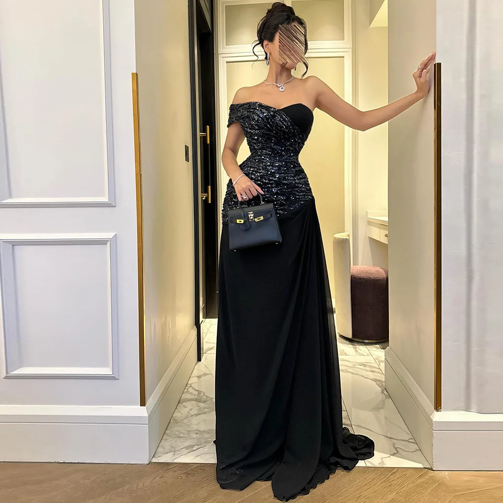 

Fashion Strapless Chiffon Celebrity Gowns Modern Customized Straight Off the Shoulder Evening Dress Delicate Sequined Prom Dress