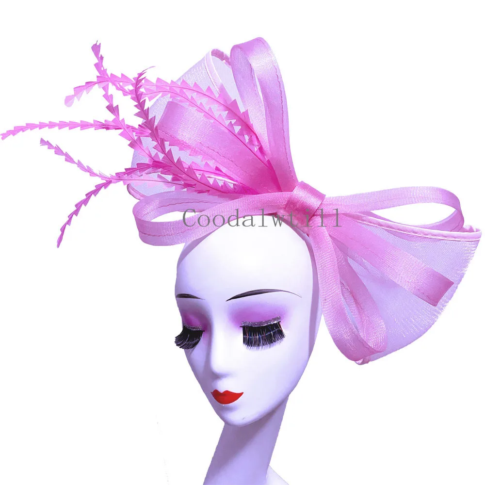 Pink Fascinator For Women Eleant Wedding Church Hat Feather Fascinators Fashion Bow Headpiece Bride Wedding Party Derby Headwear